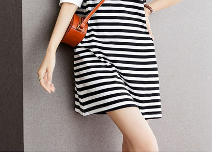 Short-Sleeve Round Neck Striped Panel Ruffle Trim Mini A-Line Dress