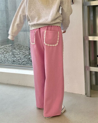 Low Waist Lace Panel Loose-Fit Wide-Leg Sweatpants