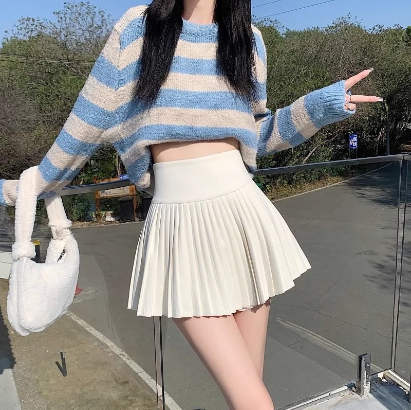 Waist Accordion Pleated Mini A-Line High Plain Skirt