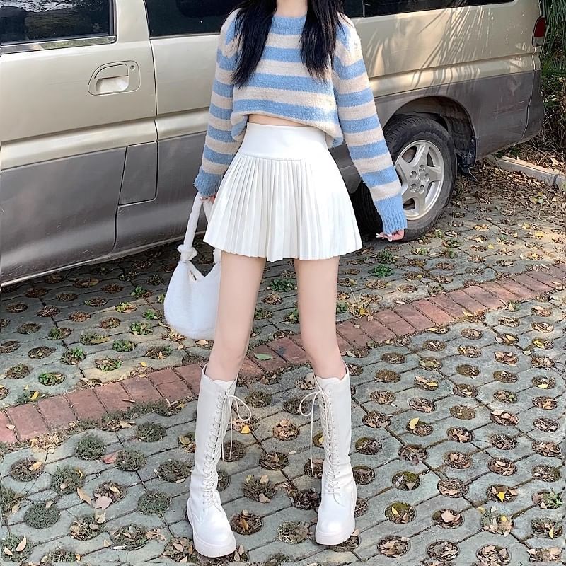 Waist Accordion Pleated Mini A-Line High Plain Skirt