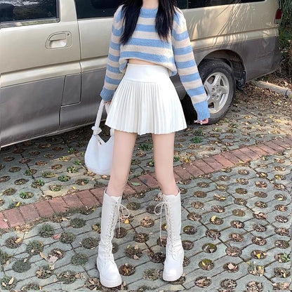 Waist Accordion Pleated Mini A-Line High Plain Skirt