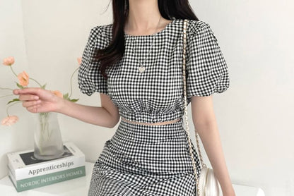 Set: Puff Sleeve Crew Neck Plaid Crop Top + High Rise Midi A-Line Skirt