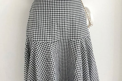 Set: Puff Sleeve Crew Neck Plaid Crop Top + High Rise Midi A-Line Skirt