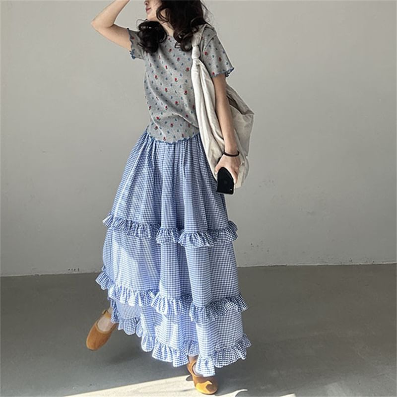 Elastic Waist Plaid Ruffle Maxi A-Line Skirt