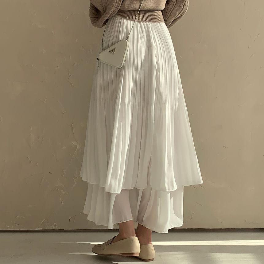 Elastic Waist Plain Pleated Panel Maxi A-Line Skirt