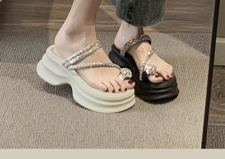 Rhinestone Toe Loop Platform Slide Sandals