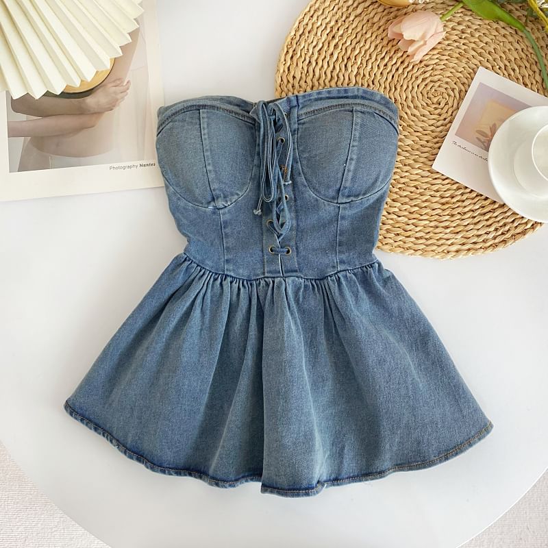 Lace-Up Peplum Denim Bustier Top