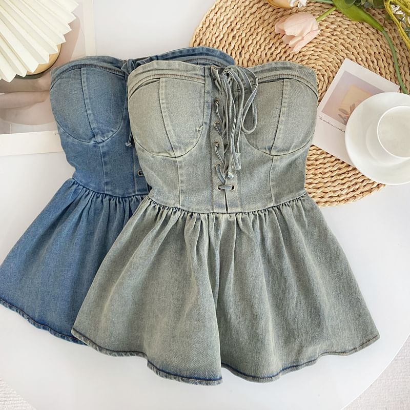 Lace-Up Peplum Denim Bustier Top