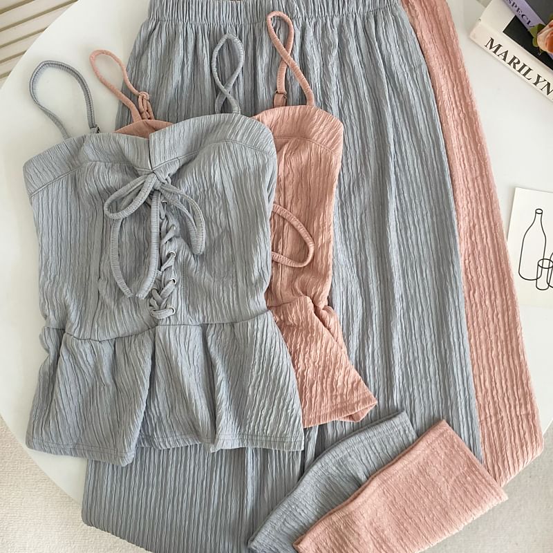 Set: Plain Lace-Up Peplum Camisole Top + Elastic Waist Wide Leg Pants