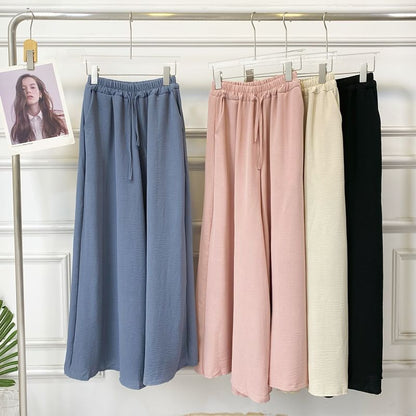 Set: Short-Sleeve Crew Neck Plain Open Back Crop Tee + Elastic Waist Wide Leg Pants