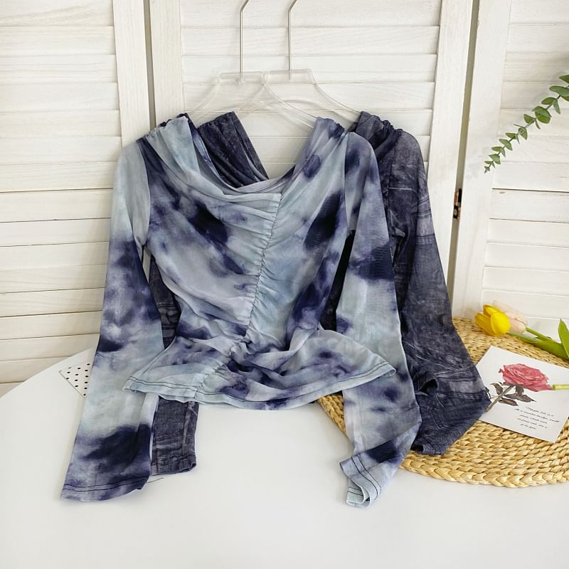 Long-Sleeve Cowl Neck Tie Dye Ruched Mesh Top