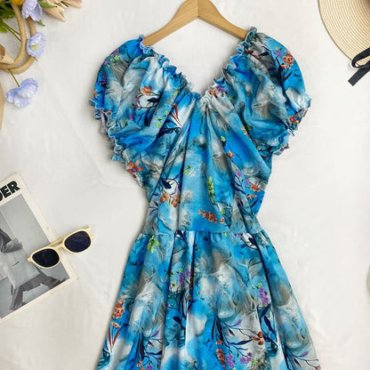 Cap-Sleeve V-Neck Floral Midi A-Line Dress