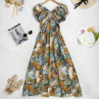 Cap-Sleeve V-Neck Floral Midi A-Line Dress