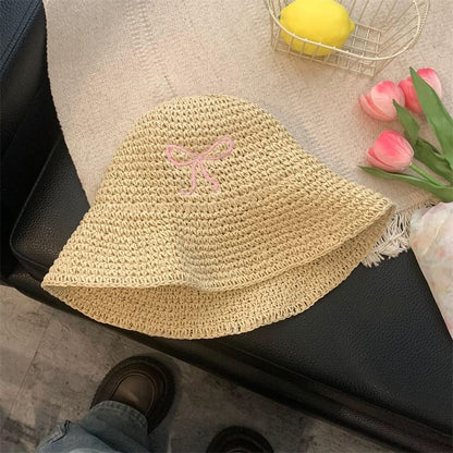 Knit Hat Embroidered Bow Bucket
