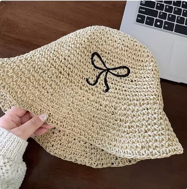 Bow Embroidered Knit Bucket Hat