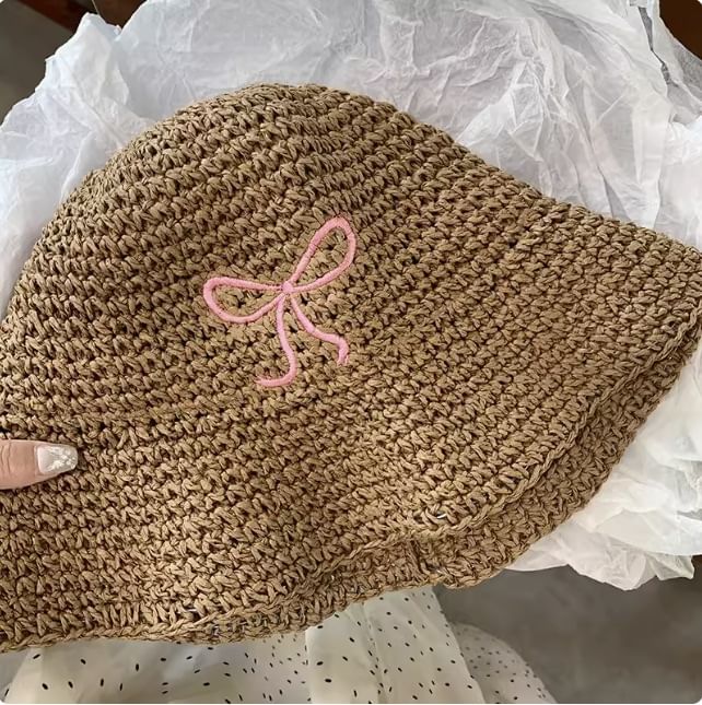 Knit Hat Embroidered Bow Bucket