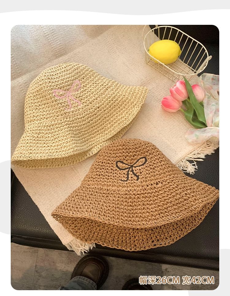 Bow Embroidered Knit Bucket Hat