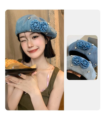 Béret en jean à strass et fleurs