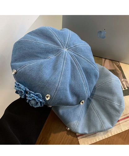 Béret en jean à strass et fleurs
