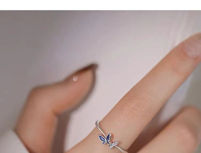 Butterfly Rhinestone Sterling Silver Open Ring