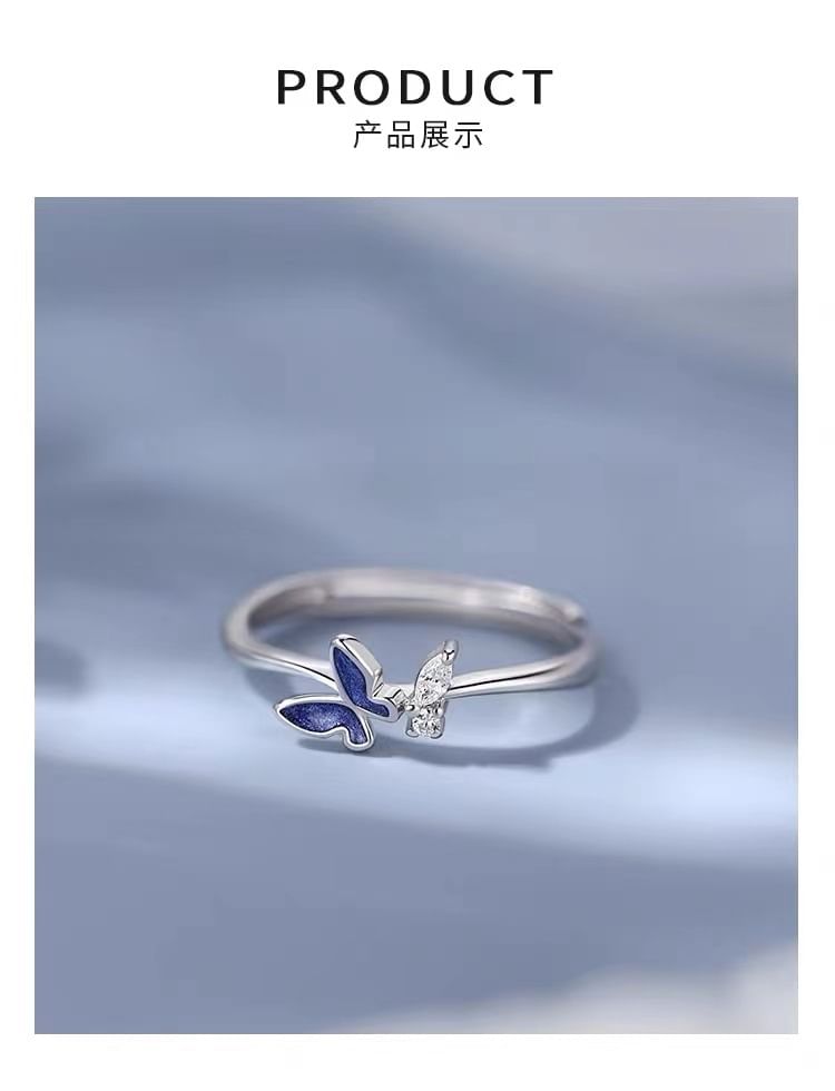 Butterfly Rhinestone Sterling Silver Open Ring