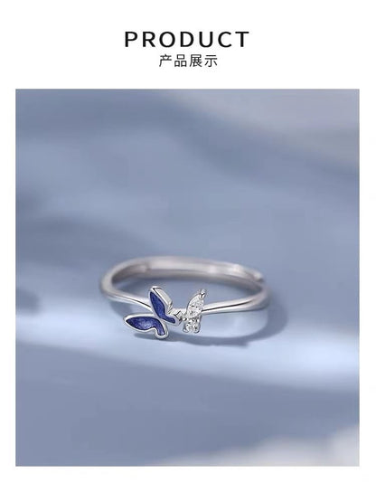 Butterfly Rhinestone Sterling Silver Open Ring