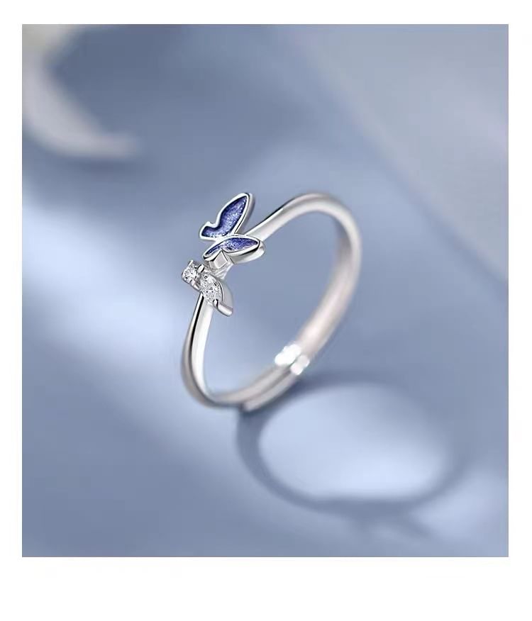 Butterfly Rhinestone Sterling Silver Open Ring