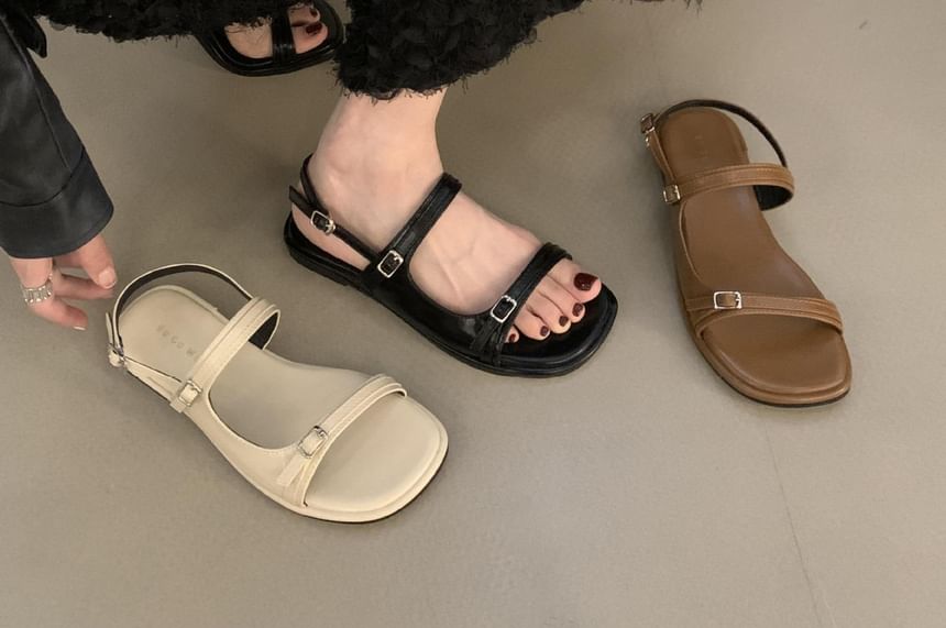 Plain Buckled Faux Leather Slingback Flat Sandals