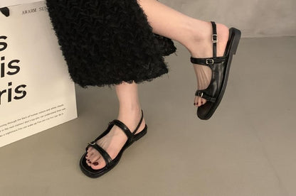 Plain Buckled Faux Leather Slingback Flat Sandals