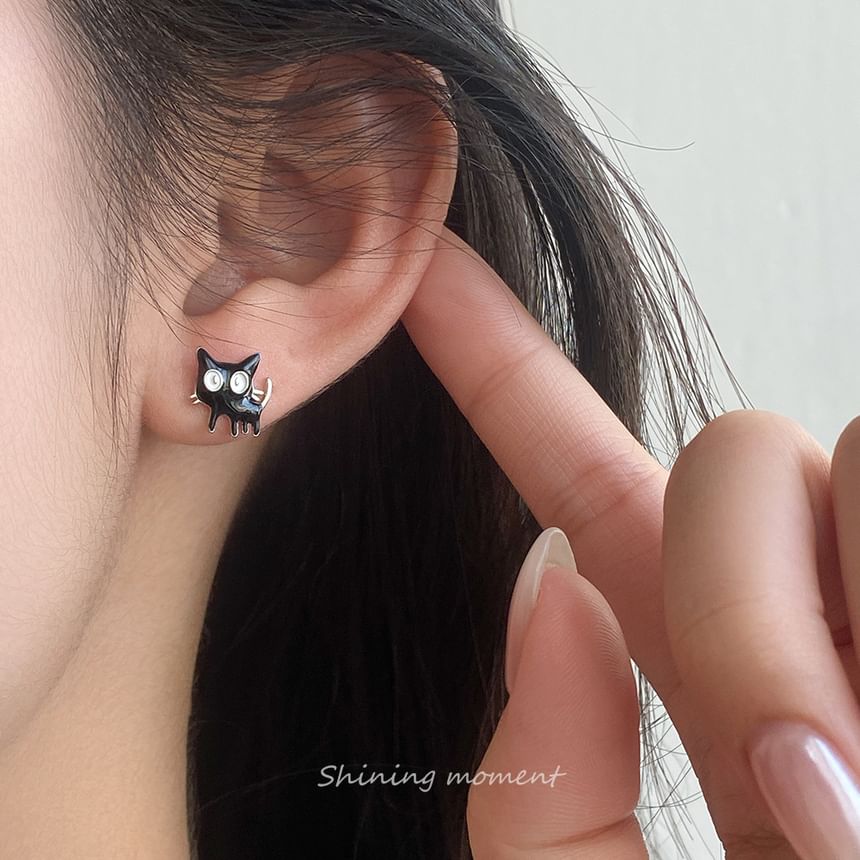 925 Sterling Silver Enamel Cat Stud Earring