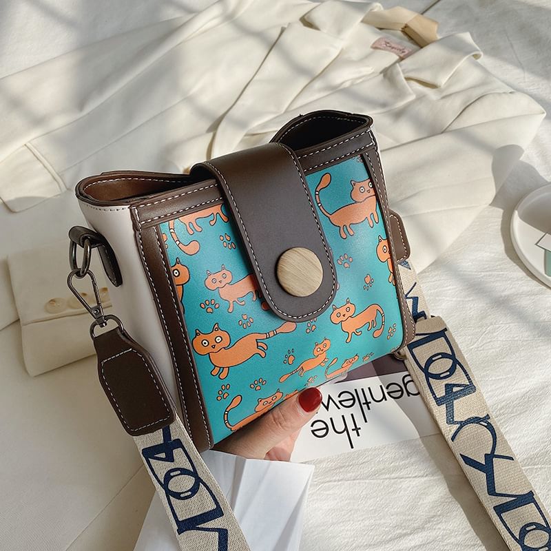 Patterned Leather Faux Bucket Bag