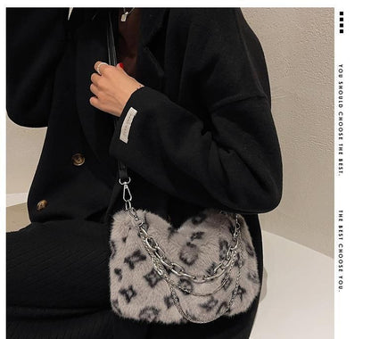 Chain Bag Print Fluffy Crossbody Strap Leopard