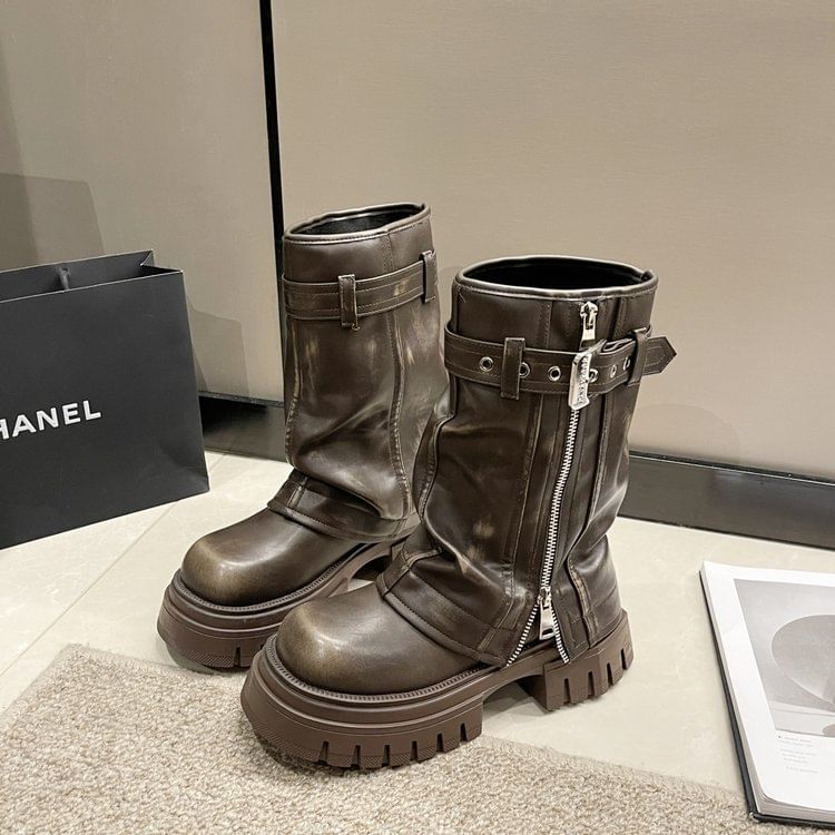 Boots Buckled Mid-Calf Platform Heel Chunky