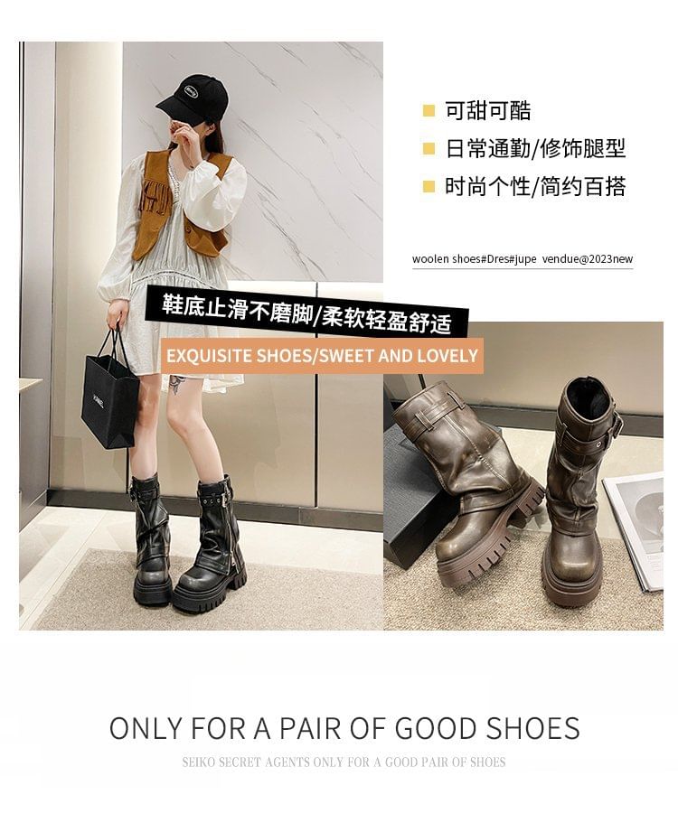 Boots Buckled Mid-Calf Platform Heel Chunky