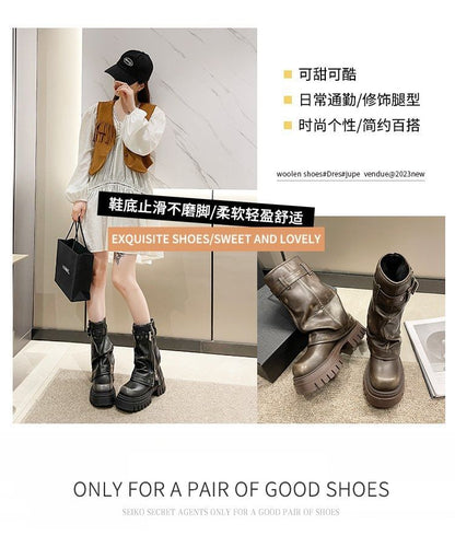 Boots Buckled Mid-Calf Platform Heel Chunky