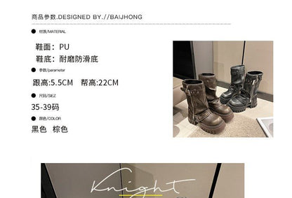 Boots Buckled Mid-Calf Platform Heel Chunky