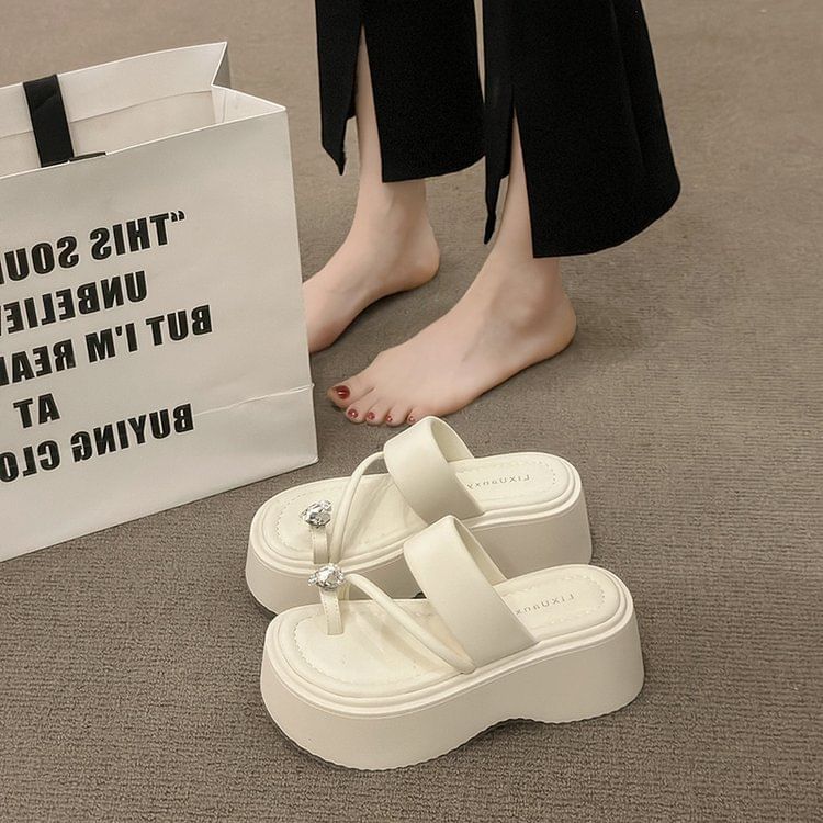 Slide Rhinestone Heart Sandals Toe Platform Loop
