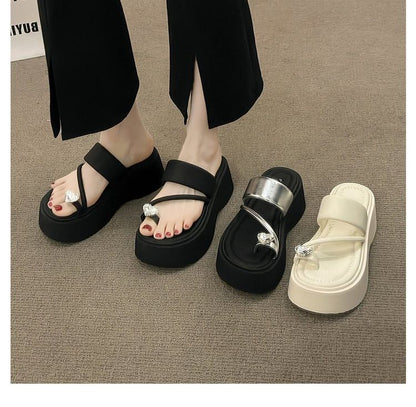 Slide Rhinestone Heart Sandals Toe Platform Loop