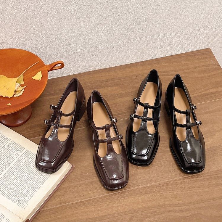 Heel Double-Strap Pumps Mary Toe Jane Chunky Square