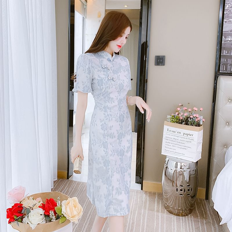 Traditional Chinese Short-Sleeve Stand Collar Faux Pearl Accent Frog Buttoned Lace Midi A-Line Dress