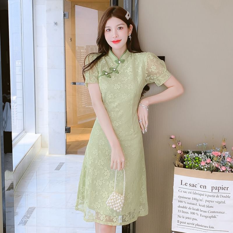 Traditional Chinese Short-Sleeve Stand Collar Contrast Trim Frog Buttoned Lace A-Line Dress