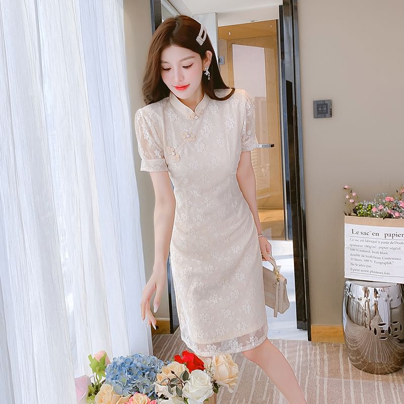 Traditional Chinese Short-Sleeve Stand Collar Contrast Trim Frog Buttoned Lace A-Line Dress