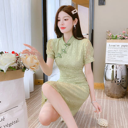 Traditional Chinese Short-Sleeve Stand Collar Contrast Trim Frog Buttoned Lace A-Line Dress