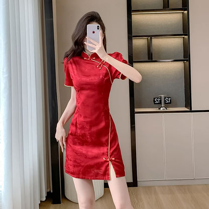 Traditional Chinese Short-Sleeve Stand Collar Jacquard Contrast Trim Frog Buttoned Slit Mini A-Line Dress