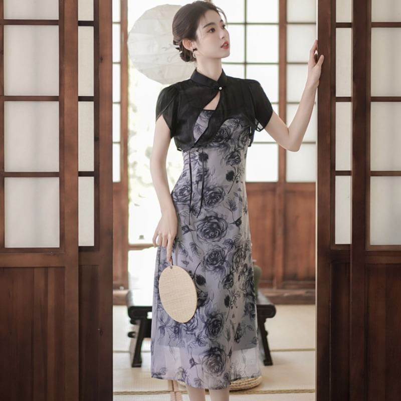 Traditional Chinese Set: Spaghetti Strap Scoop Neck Floral Print Midi A-Line Dress + Short-Sleeve Stand Collar Plain Asymmetrical Cutout Frog Buttoned Shrug