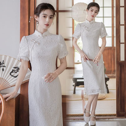 Traditional Chinese Short-Sleeve Plain Faux Pearl Fringed Frog Buttoned Slit Lace Midi Sheath Qipao