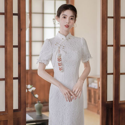 Traditional Chinese Short-Sleeve Plain Faux Pearl Fringed Frog Buttoned Slit Lace Midi Sheath Qipao