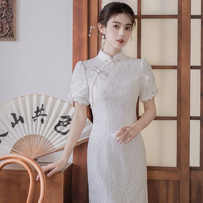 Traditional Chinese Short-Sleeve Plain Faux Pearl Fringed Frog Buttoned Slit Lace Midi Sheath Qipao