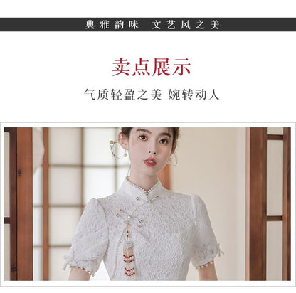 Traditional Chinese Short-Sleeve Plain Faux Pearl Fringed Frog Buttoned Slit Lace Midi Sheath Qipao