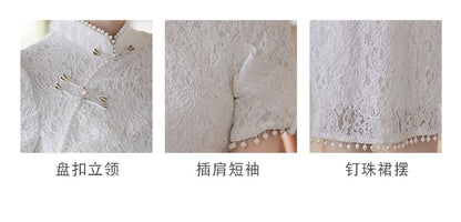 Traditional Chinese Short-Sleeve Plain Faux Pearl Fringed Frog Buttoned Slit Lace Midi Sheath Qipao